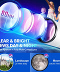 Close-up of Beginner Friendly 80mm Refractor Telescope Kit for Adults and Kids with 500mm Focal Length lens details.