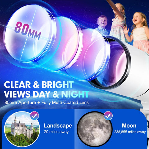 Close-up of Beginner Friendly 80mm Refractor Telescope Kit for Adults and Kids with 500mm Focal Length lens details.