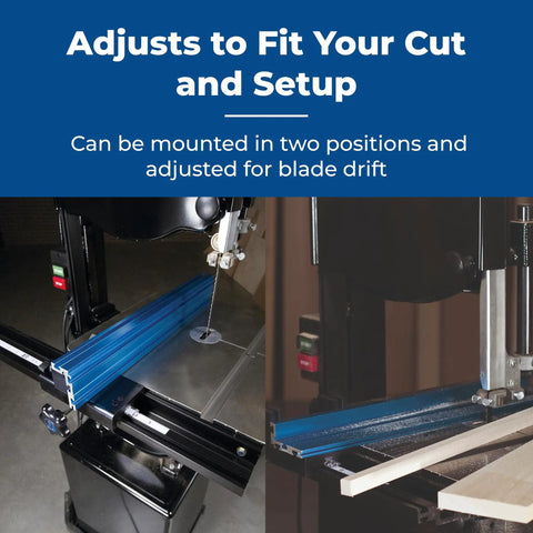Pro Level Band Saw Fence With Hella Precise Drift Adjustment And Laser Cursor For 14 Inch Woodworking Bandsaws showing adjustable two-position mount.