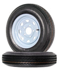 Two-Pack Trailer Tires On Rims 5.30-12 5 Lug Bolt Pattern White Spoke Wheel, 12-Inch Rim, front and side view