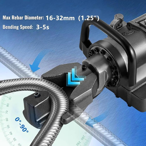 Heavy Duty Hydraulic Rebar Bender With Powerful 2000w Motor For Easy Bending And Straightening Up To 1.25 Inch Steel Rods In Just Seconds showing max rebar diameter and bending speed.