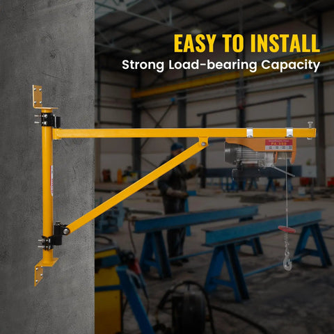 Massive 660 Lbs Wall Mount Jib Crane Hoist Bracket built tough with carbon steel, showing 180-degree swivel lifting arm.