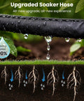 Heavy Duty Thickened Flat Soaker Hose 100Ft With Copper Joint, showing water dripping into soil, benefit diagram below.