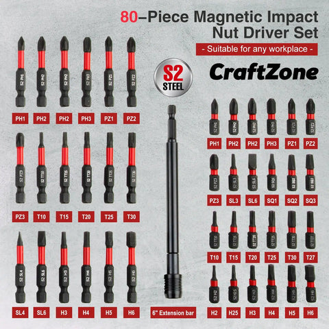 All In One 80 Piece Magnetic Impact Nut Driver Kit Pro Grade With Metric And SAE Bits, red and black tool set on gray background