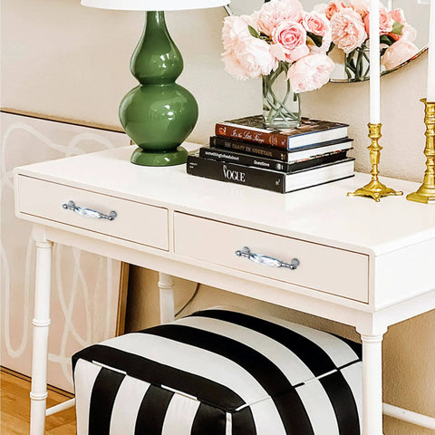 Clear Crystal Glass Cabinet Knobs Pull Handles 3.75 Inch Hole To Hole Silver Chrome Finish 2 Pack on white dresser