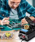 Man using Pro 75W Soldering Station with Rapid Heat Up Digital Display T12 Tip for electronics repair and DIY soldering.
