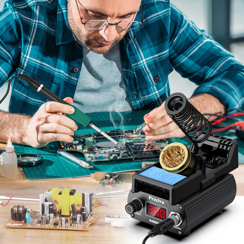 Man using Pro 75W Soldering Station with Rapid Heat Up Digital Display T12 Tip for electronics repair and DIY soldering.