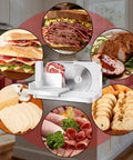 Foldable Electric Meat Slicer For Home With 6.7 Inches Removable Stainless Steel Blade And Tray Adjustable Thickness From 0 To 15mm, shown slicing meats and cheeses.
