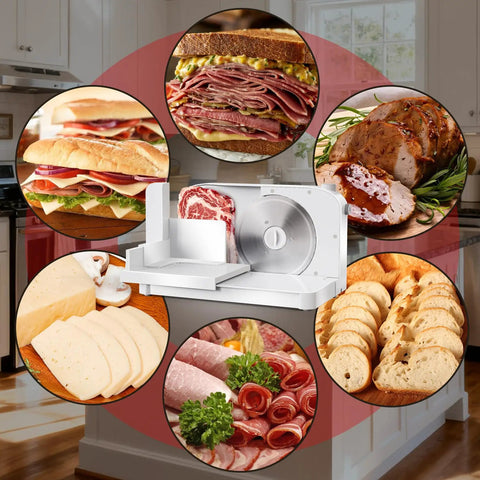 Foldable Electric Meat Slicer For Home With 6.7 Inches Removable Stainless Steel Blade And Tray Adjustable Thickness From 0 To 15mm, shown slicing meats and cheeses.
