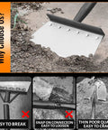 Heavy Duty Flat Shovel Scraper With 59 Inch Handle For All In One Yard Cleanup scraping dirt, showcasing durability features.