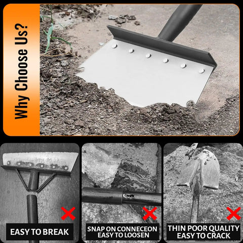 Heavy Duty Flat Shovel Scraper With 59 Inch Handle For All In One Yard Cleanup scraping dirt, showcasing durability features.