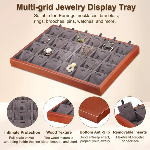 Top Tier Wooden Jewelry Organizer Tray With Plush Velvet Grids And Quick Swap Dividers For Earrings Necklaces And Pendants Keep Your Stash Sorted In This Slick Drawer Display Setup Gray with multi-grid design.
