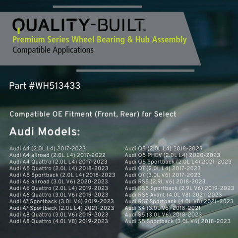 Beefy Front And Rear Wheel Bearing And Hub Assembly WH513433 compatibility chart for Audi models 2017-2023