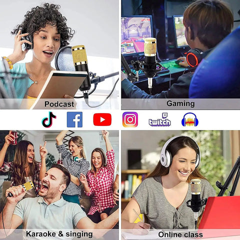 Pro Podcast Gear Bundle With BM800 Microphone Kit And Live Audio Interface in various settings like podcasting and gaming