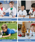 Junior Scientist Microscope Kit With Blank And Prepared Slides For Kids 100X 400X 1200X Magnification For Exploring The Micro World At Home Or In Class. Kids using white microscope in school, home, outdoor and holiday settings