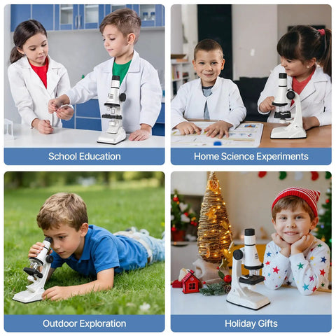 Junior Scientist Microscope Kit With Blank And Prepared Slides For Kids 100X 400X 1200X Magnification For Exploring The Micro World At Home Or In Class. Kids using white microscope in school, home, outdoor and holiday settings