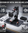 Close-up of Handy Mini Milling Machine for DIY Metal and Wood Projects, 12V DC, highlighting graduated scale lines and motor unit.