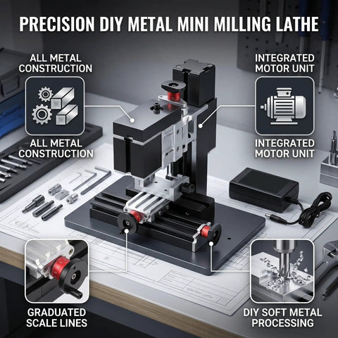 Close-up of Handy Mini Milling Machine for DIY Metal and Wood Projects, 12V DC, highlighting graduated scale lines and motor unit.
