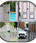 Rugged Matte Black Gate Latch with Double Sided Self-Locking Aluminum Hardware installed on various outdoor gates and fences.