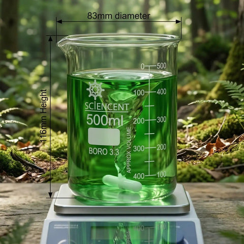 500 ml thick wall borosilicate glass beaker with green liquid outdoors, show measuring scale and no spill spout for lab use.