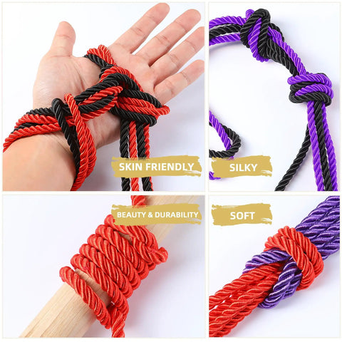 Soft Silk Bondage Rope Set 32 Feet Each 8mm Thick Two Pack For BDSM Shibari Play in black, red, and purple colors with handholds.
