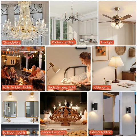 Various lighting setups including chandeliers, kitchen lighting, fan light, and bedside lamps in a decorative collage layout.