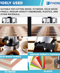 Premium Alloy Steel Heavy Duty Forstner Bit Set Featuring Eight Precision Heat Treated Round Shank Hole Cutters For Hardwood Softwood And Plywood Projects image showing various materials like wood, plywood, and plastics being cut.