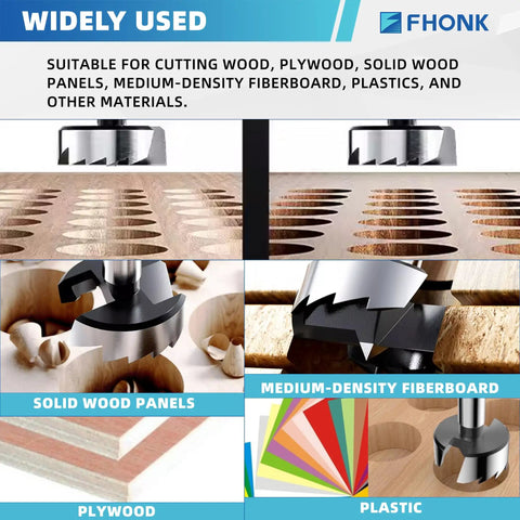 Premium Alloy Steel Heavy Duty Forstner Bit Set Featuring Eight Precision Heat Treated Round Shank Hole Cutters For Hardwood Softwood And Plywood Projects image showing various materials like wood, plywood, and plastics being cut.