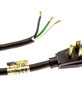 Top Shelf 10 Ft Coiled Replacement Power Cord With 3 Prong Sjt 14/3 Wire And Right Angle Plug shown with exposed wires and connector.