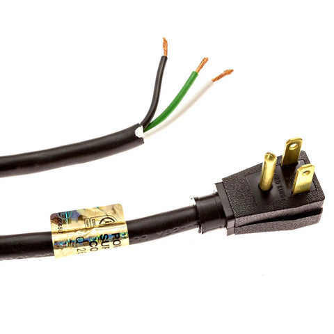 Top Shelf 10 Ft Coiled Replacement Power Cord With 3 Prong Sjt 14/3 Wire And Right Angle Plug shown with exposed wires and connector.