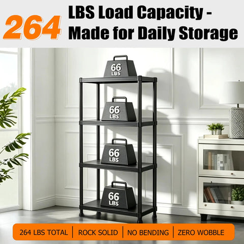 No Drama Four Tier Plastic Shelving Unit For Tight Layouts, 53 Inch Tall black rack supporting weights in bright room
