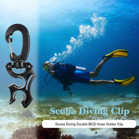 Three Pack Scuba Dive Hose Clips With Snap Hook Buckles For Snorkeling And Gear Setup Heavy Duty 304 Stainless Steel Arm Holds Up To Two Hoses Black next to diver underwater