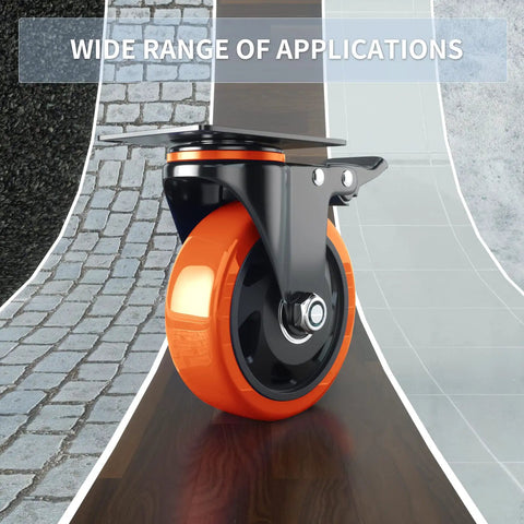 Tough As Nails 3 Inch Caster Wheels Set Of 4 Heavy Duty Locking Brakes showcasing orange polyurethane wheel and stainless steel frame.