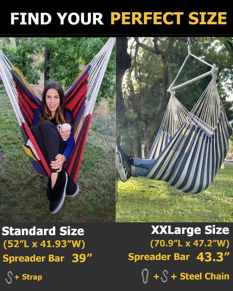 Comparison of standard size hammock with spreader bar and XXL Hammock Chair For Big Folks with steel spreader bar outdoors.
