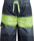 Boys Swim Trunks With UPF 50 Plus Quick Dry Microfiber featuring black and green stripes, side pocket, and drawstring.