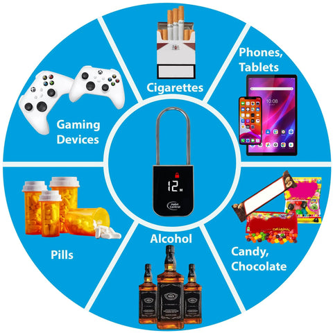 Habit Control Time Lock Padlock to Crush Addictions and Lock Down Bad Habits Keeps Snacks Drinks Locked up in Kitchen Cabinets Fridges Using 12 Inch Rubberized Steel Cable with Lcd Hd Display Screen in center with vices around.