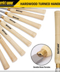 Pro Grade 8 Piece Wood Lathe Chisel Set With Wooden Box For Precision Cutting And Smooth Detailing In Woodworking Hurricane HSS Wood Turning Tools For Roughing, Shaping, Spindle Work And Fine Detailing, showing close-up of hardwood handles and brass ferrules.