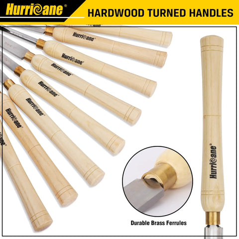 Pro Grade 8 Piece Wood Lathe Chisel Set With Wooden Box For Precision Cutting And Smooth Detailing In Woodworking Hurricane HSS Wood Turning Tools For Roughing, Shaping, Spindle Work And Fine Detailing, showing close-up of hardwood handles and brass ferrules.