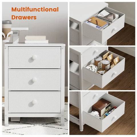 This 55 inch white electric standing desk features smooth height adjustment and handy drawers for sleek office storage with items inside.
