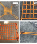 No Sweat Heavy Duty Flat Lifting Net Crafted From Durable Nylon Mesh Grid With Four Pull Straps For Easy Hoisting And Moving Loads Up To Three Point Five Tons Steady Cargo Control For Warehouse Crews, features orange color and grid design.