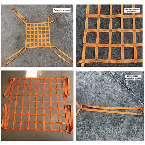 No Sweat Heavy Duty Flat Lifting Net Crafted From Durable Nylon Mesh Grid With Four Pull Straps For Easy Hoisting And Moving Loads Up To Three Point Five Tons Steady Cargo Control For Warehouse Crews, features orange color and grid design.