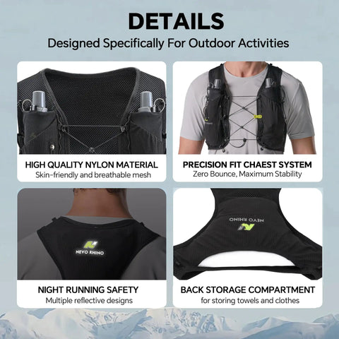 Lightweight Running Hydration Vest With Two 250ml TPU Soft Flasks, BPA Free Bottle System, back and front views on white shirt