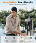 Man using Beefy Level 2 EV Charger 48 Amp J1772 with NEMA 14-50 Plug, 25ft Cable, Smart App and RFID Control