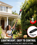 Person using Ultra Lightweight Cordless Pole Hedge Trimmer With Dual Batteries And Charger, 18 Inch Blade, 6.3-8.6 ft reach