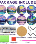 Image of 8 Piece Diamond Art Coaster Kit With Holder Dope Landscape Themed DIY Art Coasters For Drinks Beginners Friendly Craft Supplies For Adults Perfect Birthday Gift And Creative Home Decor. Shows coasters, tools, and materials included.
