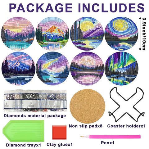 Image of 8 Piece Diamond Art Coaster Kit With Holder Dope Landscape Themed DIY Art Coasters For Drinks Beginners Friendly Craft Supplies For Adults Perfect Birthday Gift And Creative Home Decor. Shows coasters, tools, and materials included.