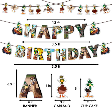 Birthday banner with cartoon characters, 12 ft lettering, 3 ft garland, colorful design.