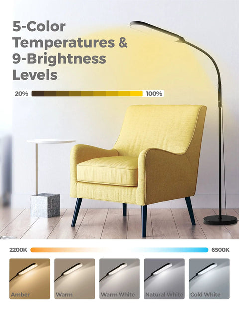 LED Floor Lamp With Remote, Dimmable 2000K-6500K, 9 Brightness Levels beside a yellow chair in a modern living room.