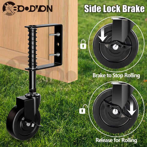 Heavy Duty Gate Caster With Side Brake And Spring Loaded Wheels 360 Degree Rotating Gate Caster for Wooden Gates Black Finish