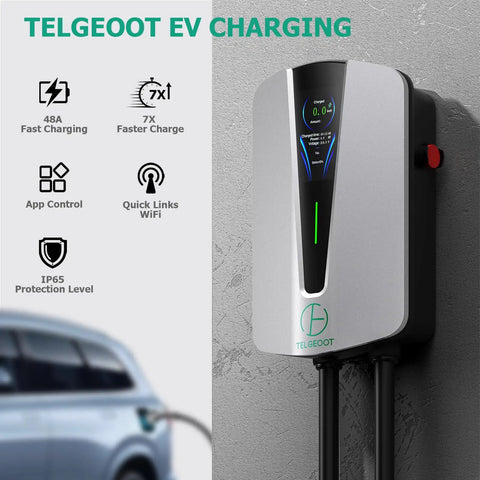 Level 2 EV Charger 48 Amp Indoor Outdoor With SAE J1772 Connector and NEMA 14 50 Plug 25 Ft Cable Start Charge Timer WiFi